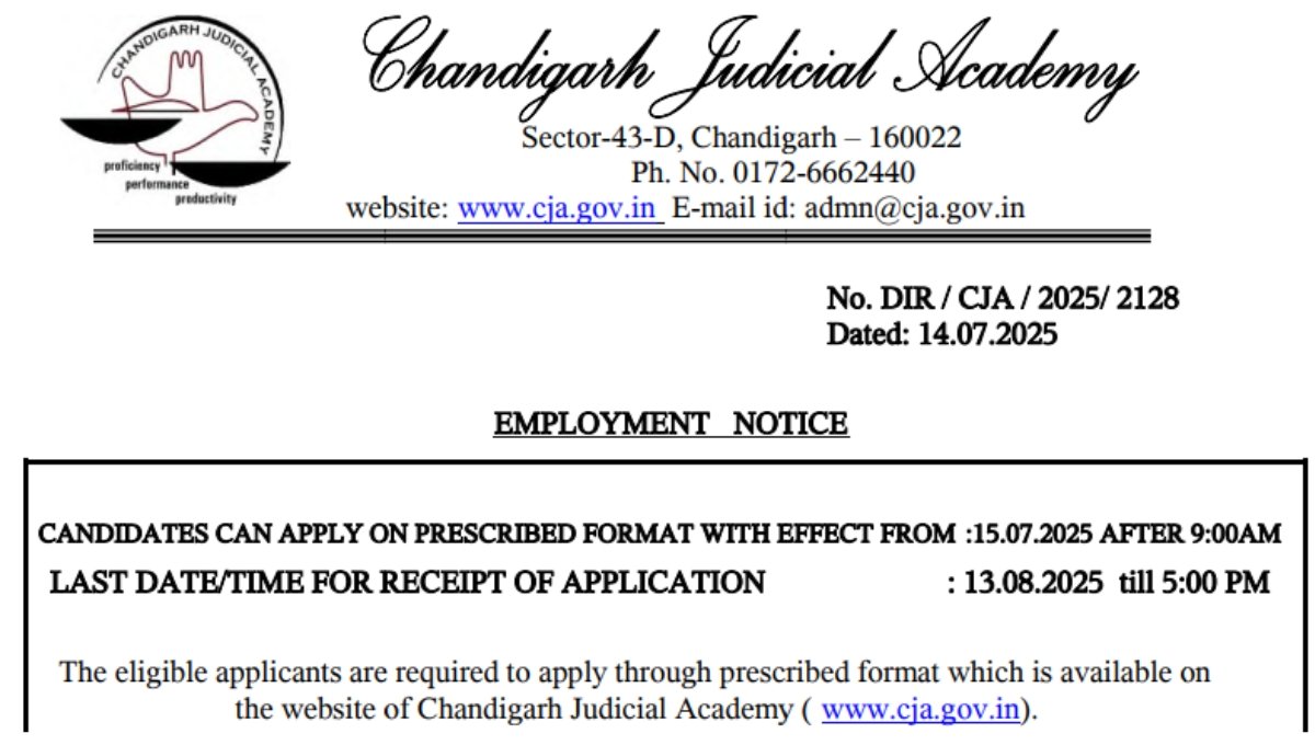Chandigarh Judicial Academy MTS Recruitment 2025
